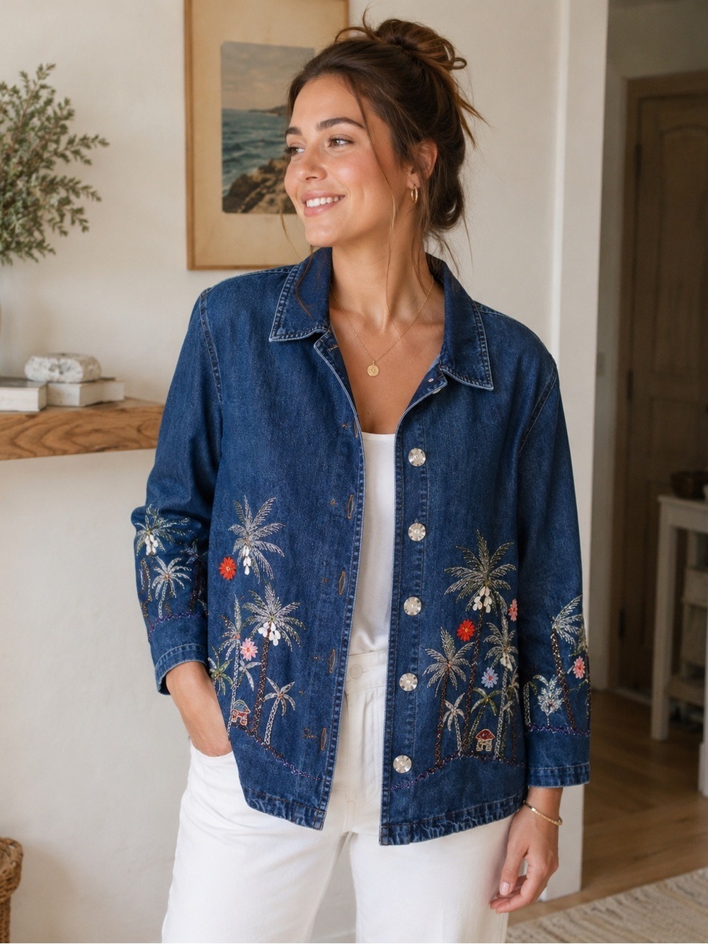 NEW Vintage Blue Jean Jacket Embroidered Palm Trees tropical resort cruise vacay